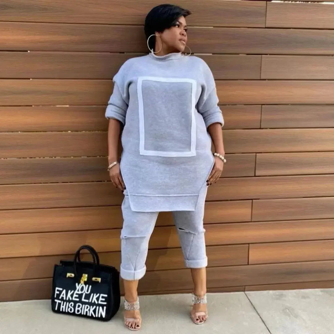 CM.YAYA Activewear Fleece Patchwork Women's Set Crewneck Sweatshirt + Hole Pants Suit Tracksuit Two Piece Set Fitness Outfit