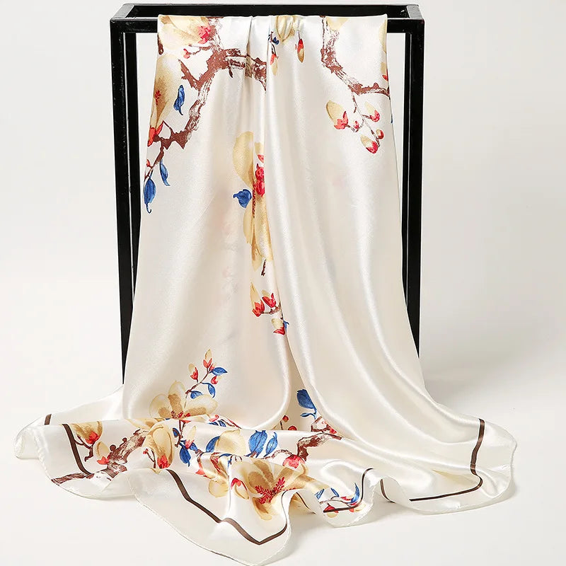 90cm Fashion Silk Satin Scarf for Women Headband Floral Print Kerchief Hijab Scarves Fermale Square Shawls and Wraps Neck Scarfs