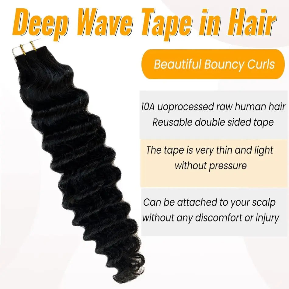 Deep Wave Tape in Extensions 100% Human Hair Deep Curly Tape on Hair Extensions Skin Weft Remy Natural Hair Extensions #1B