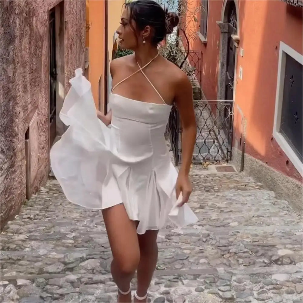 Vacation Outfits Party Dresses for Women  Summer Mini Bodycon Dress White Evening Dresses Short Black Halter Dress Backless