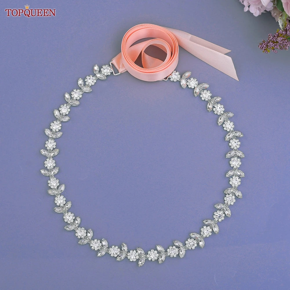 TOPQUEEN Rhinestone Belts for Bridal Dresses Silver Alloy Belt for Girls Cheap Diamond Wedding Belt Fancy Belt for Women S440