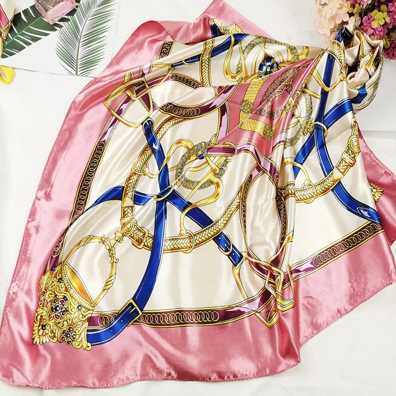 90cm Neckerchief Silk Satin Women Hijab Scaves Fashion Floral Print Headband Neck Scarfs Female Square Shawls Scarfs for Ladies