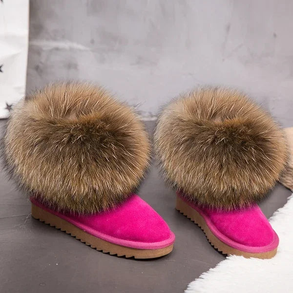 G&Zaco Luxury Winter Snow Boots Women Natural Real Fox Fur Boots Waterproof Genuine Suede Leather Boots Black Flat Short Boot