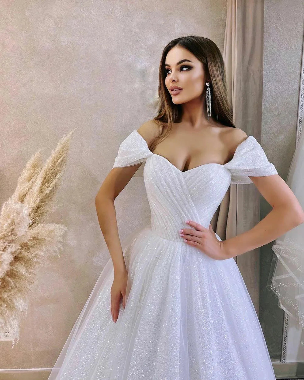 SoDigne Shiny a Line Wedding Dresses Off Shoulder Boho Bride Dress Glitter Wedding Gowns Princess Vestido De Noiva Customized - My Store