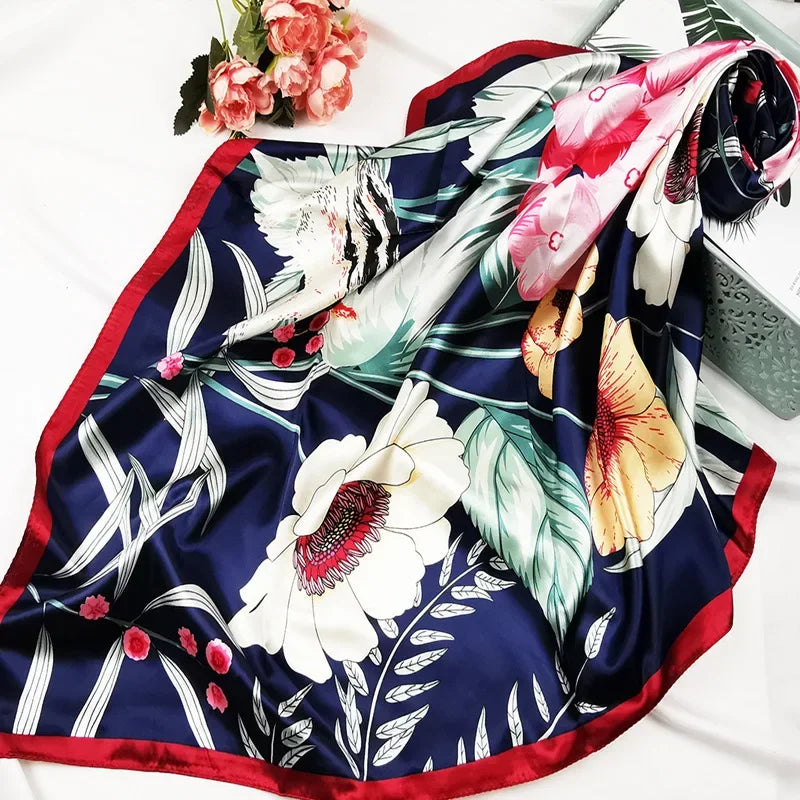90cm Neckerchief Silk Satin Women Hijab Scaves Fashion Floral Print Headband Neck Scarfs Female Square Shawls Scarfs for Ladies