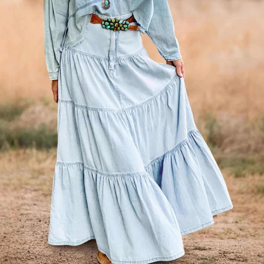 Canwedance Maxi Skirts Boho Style Cotton Skirts Femme High Waist Denim Skirts Mujer Vacation Bottoms A-Line Layered Skirt