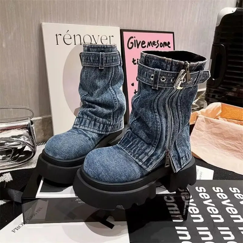 Denim Women Boots for Cowboy Mid-Calf Boots Zipper Ladies Platform Boots Mid Heels Designer Shoes 2024 Motorcycle Boot Zapatos