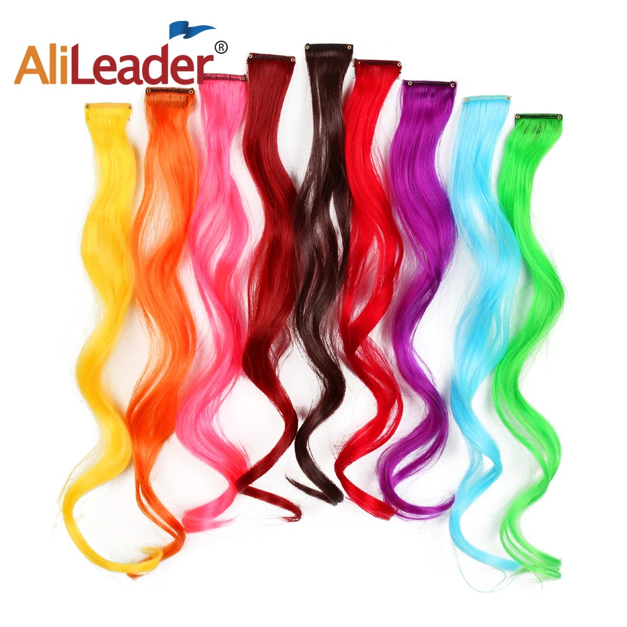 Party Hair Extensions Body Wave Ombre Hairpiece Synthetic Fiber Straight Strands Hair on Hairpins Rainbow Blend in Your Hair