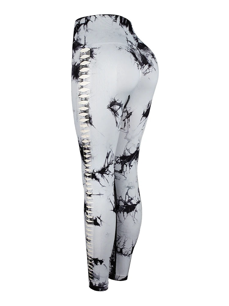 CHRLEISURE Seamless Tie Dye Sports Set Hollow Out Yoga Suit Fitness Top With Workout Leggings Activewear
