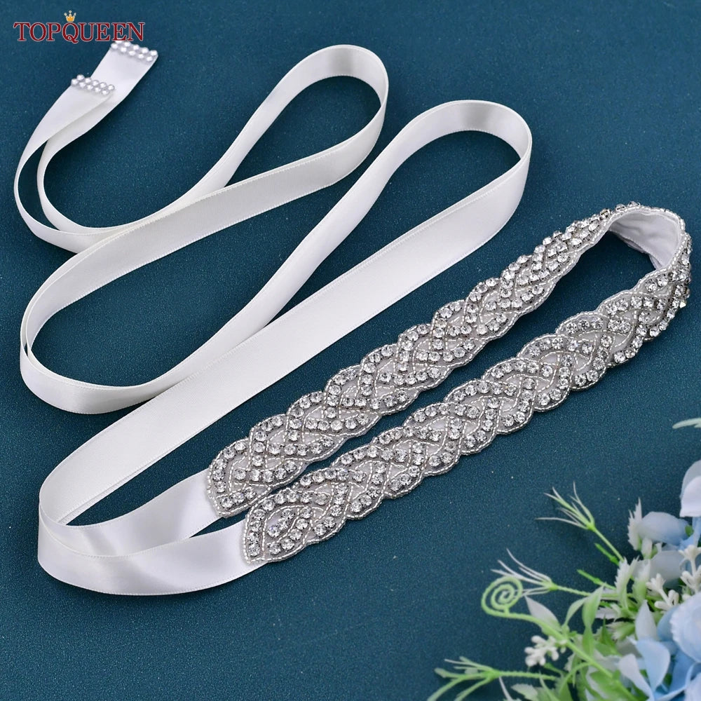 TOPQUEEN Women's Rhinestones Belt Handmade Wedding Dresses Belt Marriage Bridal Ribbon Belts Wedding Bride Sash Party Belt S216