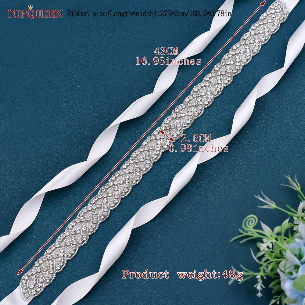 TOPQUEEN Women's Rhinestones Belt Handmade Wedding Dresses Belt Marriage Bridal Ribbon Belts Wedding Bride Sash Party Belt S216