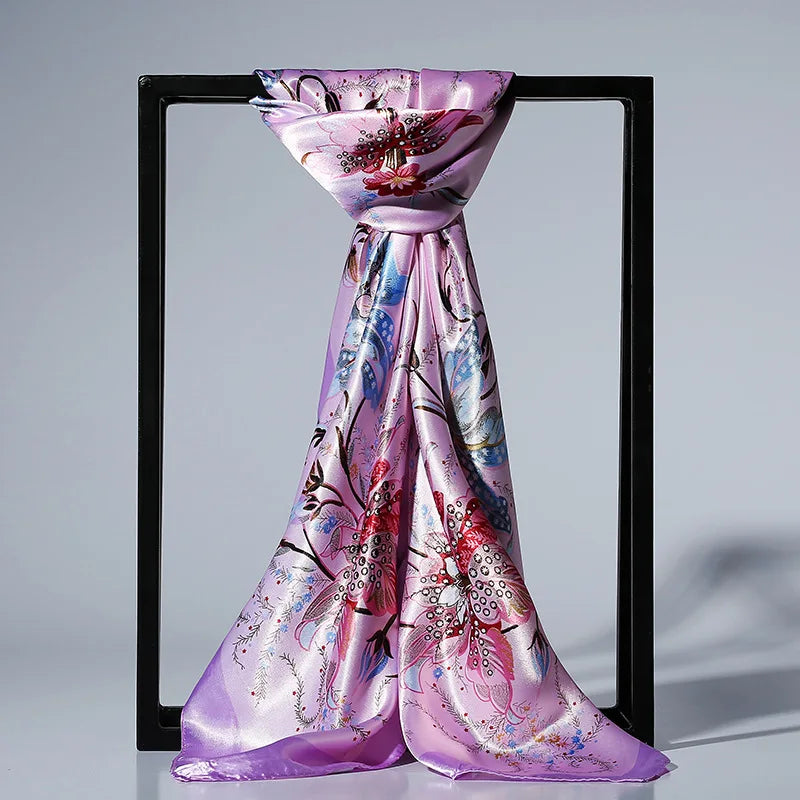 90cm Fashion Silk Satin Scarf for Women Headband Floral Print Kerchief Hijab Scarves Fermale Square Shawls and Wraps Neck Scarfs