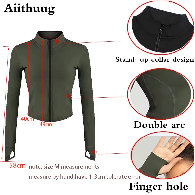 Aiithuug Women Full Zip-Up Yoga Top Workout Running Jackets With Thumb Holes Stretchy Fitted Long Sleeve Crop Tops Activewear