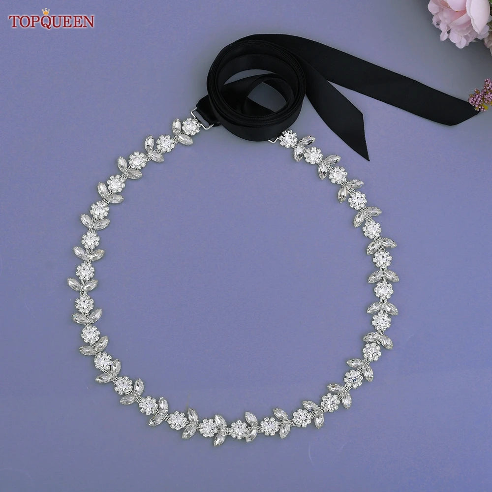 TOPQUEEN Rhinestone Belts for Bridal Dresses Silver Alloy Belt for Girls Cheap Diamond Wedding Belt Fancy Belt for Women S440