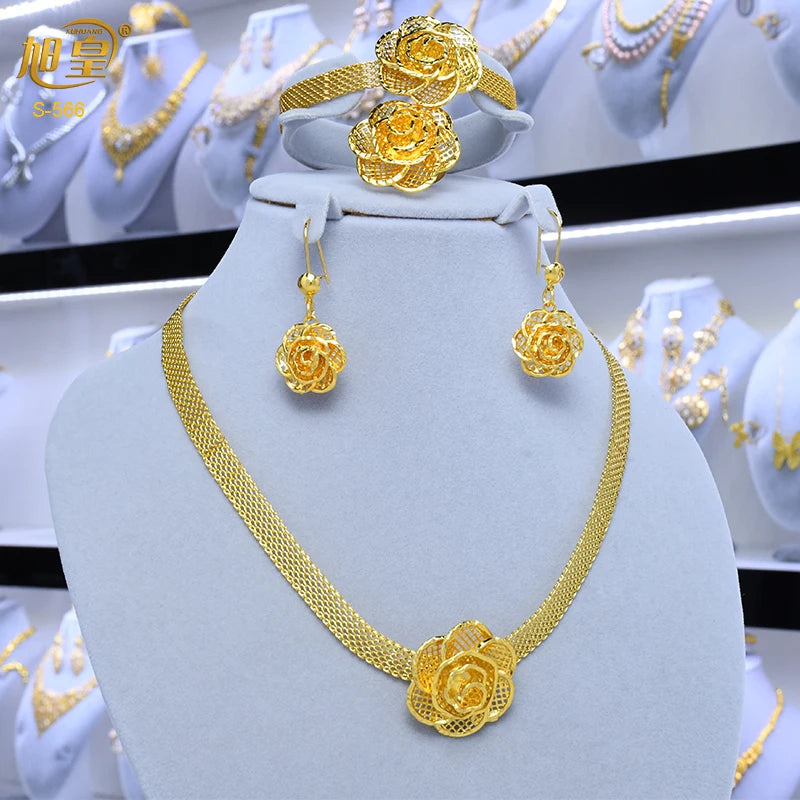 XUHUANG African Necklaces Bracelets Earing Sets Nigerian Wedding Jewelry Set Ethiopian Gold Colour Necklace Jewellery Set Gifts