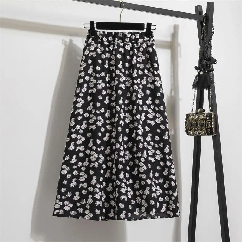 Spring Summer Chiffon Women Skirts Casual Floral Printed Woman Long Skirts Elastic Waist Female Loose Extended Skirt
