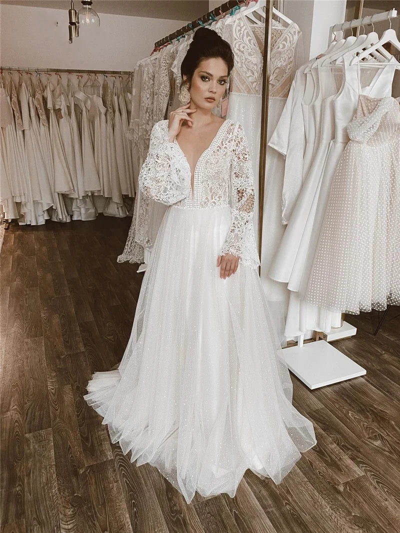 Gorgeous Wedding Dresses Elegant Bridal Gowns Deep V-Neck Flare Sleeves Robes for Formal Party 2025 Vestidos De Novia Customized - My Store