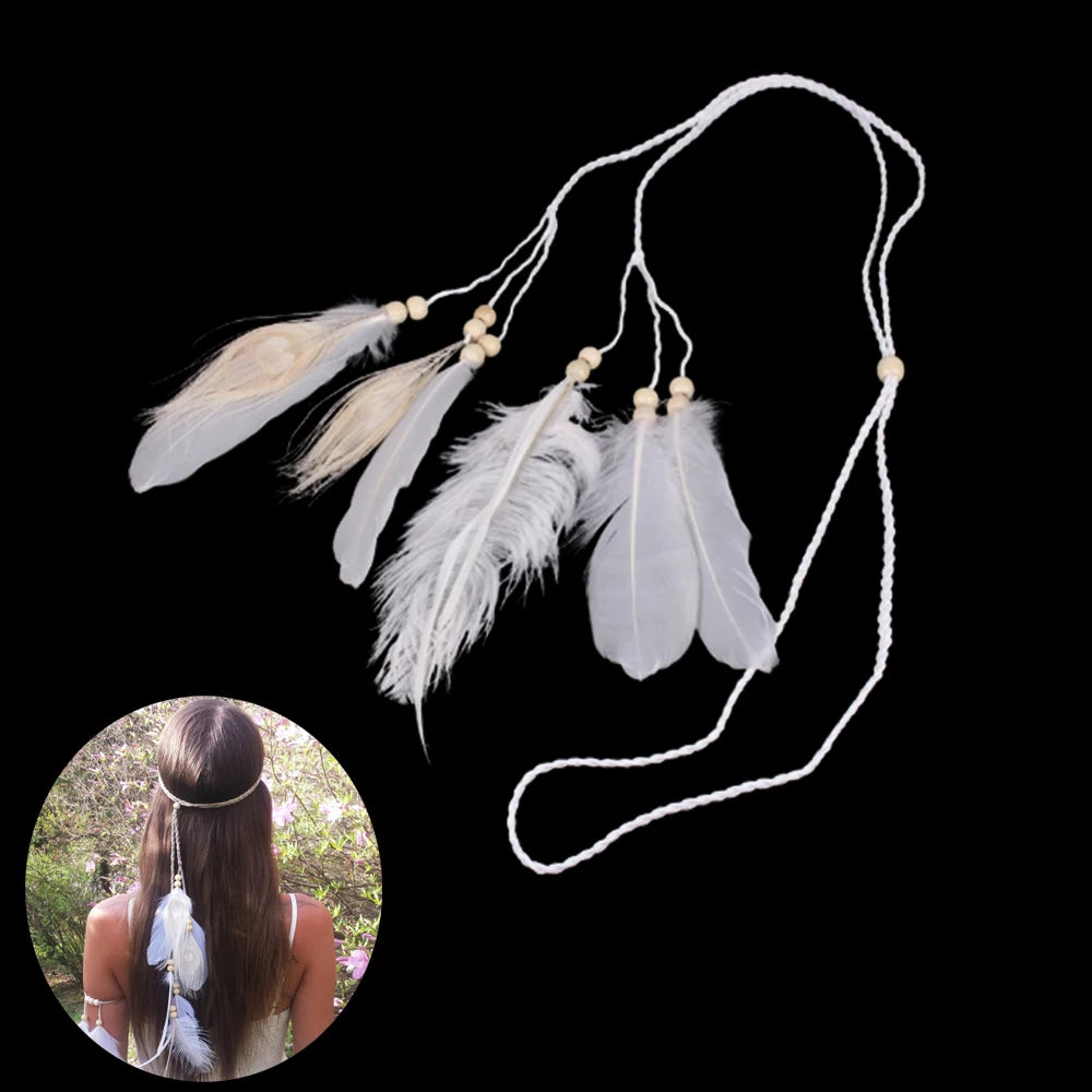 Bohemian Feather Headband Scrunchies Tribal  Hair Bands Women Girl Hippie Weaving Hair Accessories Hair Clip Hair Rope Headwear