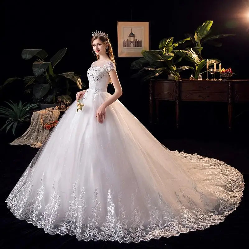 Ezkuntza 2024 Diamond Wedding Dress O-Neck Beading Ball Gown Simple Cheap Wedding Dresses Princess Vintage Wedding Customized - My Store