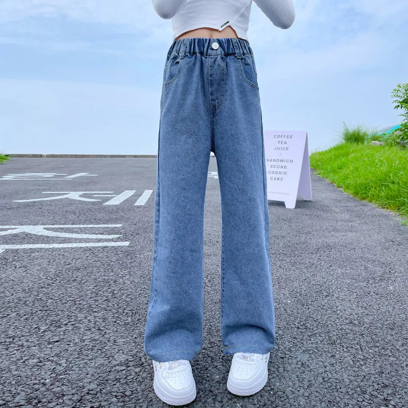 Jeans for Girls Kids Fashion Blue Wide Leg Pants 2025 Spring Autumn Children Korean Trousers Children's Clothing 6 8 10 12 14Yrs