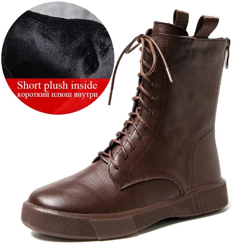 DRKANOL 2025 Fashion Women Boots Autumn Winter Shoes Soft Bottom 100% Genuine Leather Flat Mid Calf Boots Women Casual Warm Boot