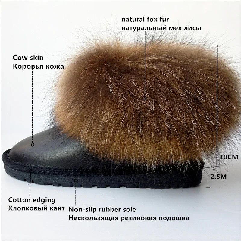 G&Zaco Luxury Winter Snow Boots Women Natural Real Fox Fur Boots Waterproof Genuine Suede Leather Boots Black Flat Short Boot