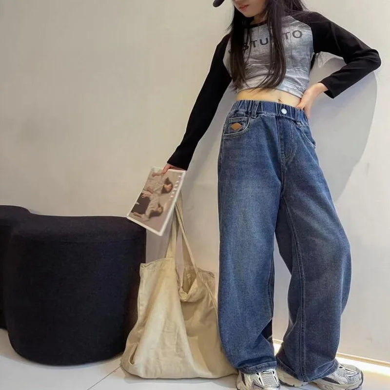 Jeans for Girls Kids Fashion Blue Wide Leg Pants 2025 Spring Autumn Children Korean Trousers Children's Clothing 6 8 10 12 14Yrs