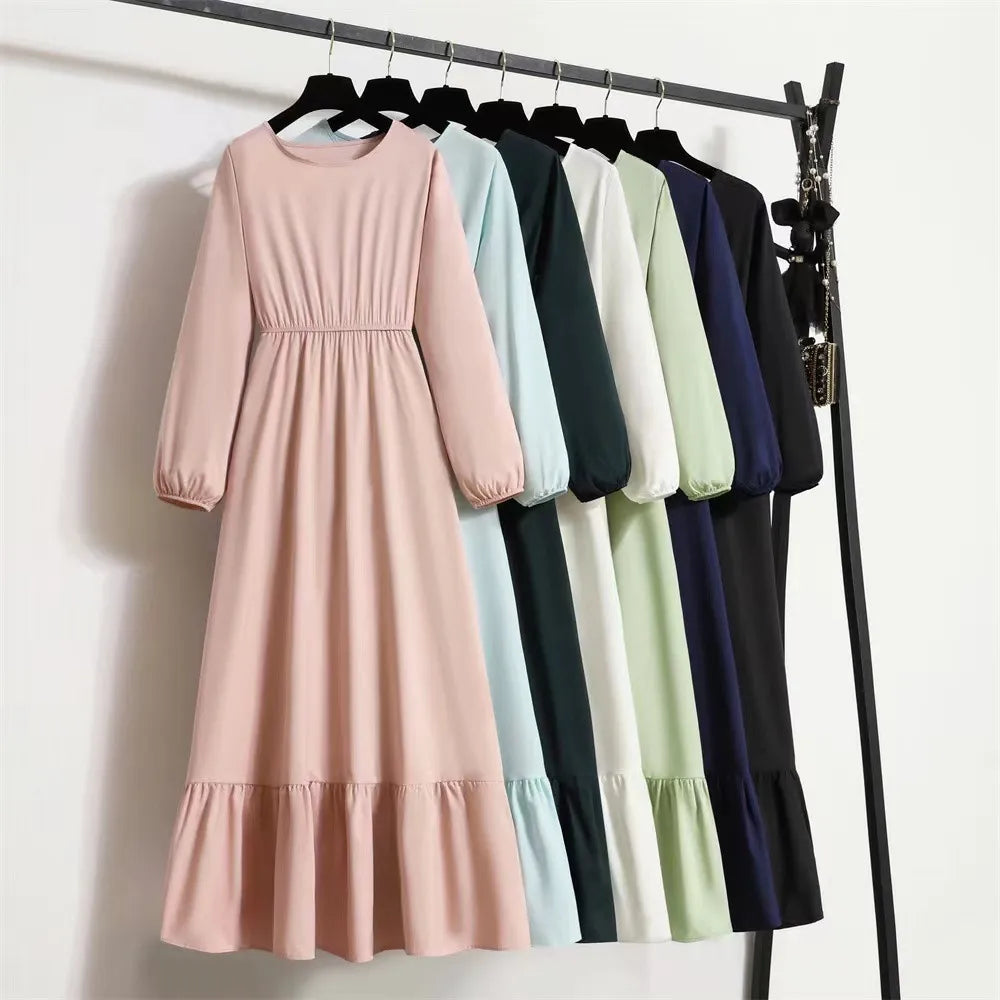Women Long Dresses Spring Summer Full Sleeve O-Neck Casual Solid Chiffon Dress Muslim Dress Bohemian Maxi Dresses