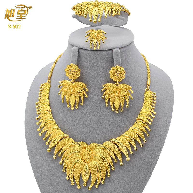 XUHUANG African Necklaces Bracelets Earing Sets Nigerian Wedding Jewelry Set Ethiopian Gold Colour Necklace Jewellery Set Gifts