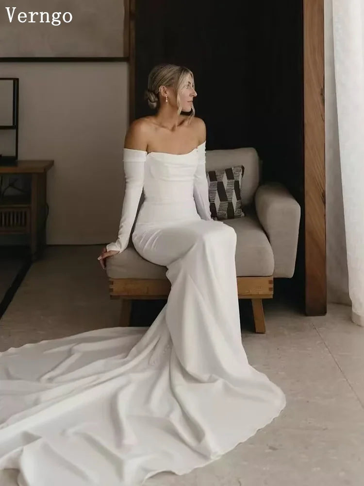 Verngo Simple Mermaid Wedding Dress Off the Shoulder Full Sleeves Bridal Gowns Women Modest Bride Dresses Customized - My Store