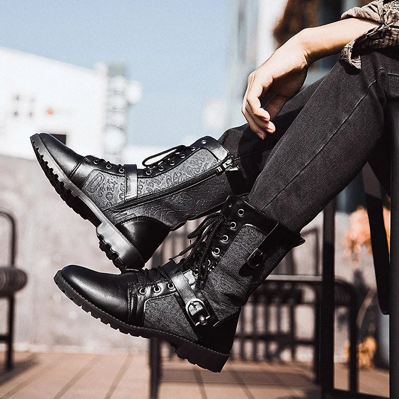 Winter Pointed Toe Men's Mid-Calf Boots Buckle Strap Chelsea Boot for Men Leather Mens Motorcycle Boots High Top Man Winter Shoe