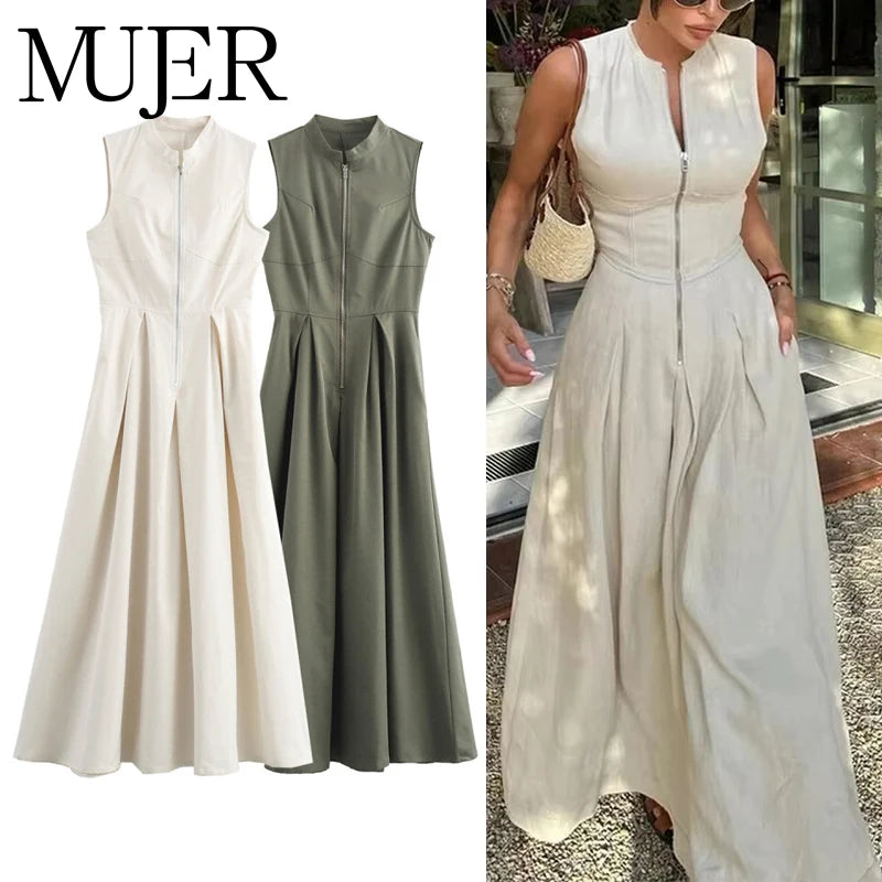 MUJER Zipper Long Dress Woman Pleated Sleeveless Bodycon Dress Summer Elegant Party Dresses for Women 2025 New Midi Dresses