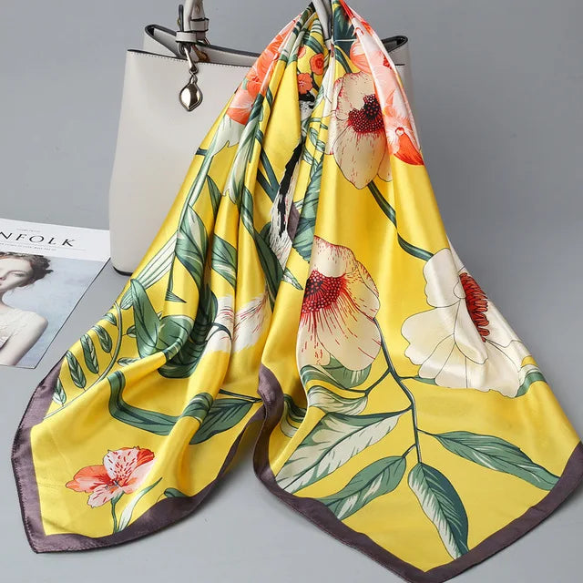 Fashion Kerchief Silk Satin Neck Scarf for Women Print Hijab Scarfs Female 90*90cm Square Shawls and Wraps Scarves for Lady