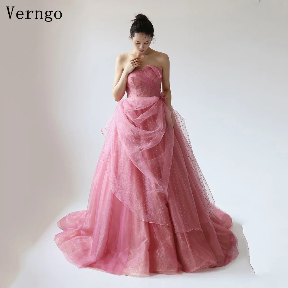 Verngo Pink Tulle Wedding Dress Strapless a Line Colorful Bridal Gowns Women Elegant Korea Photo Bride Dresses Customized - My Store