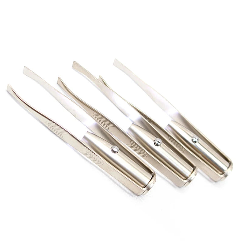 Professional Stainless Steel Makeup LED Light Slant Tip Hair Removal Eyelashes Eyebrow Tweezers Makeup Tool With Battery - My Store