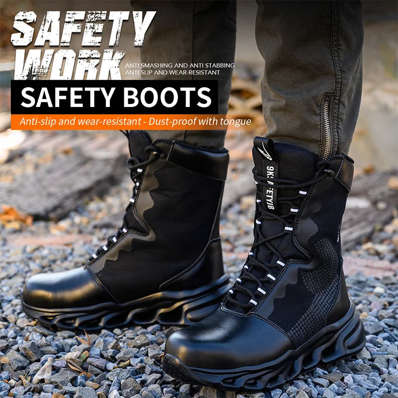 Construction Work Boots Men High Top Steel Toe Safety Shoes Non Slip Puncture Proof Rubber Work Boots Indestructible Combat Boot