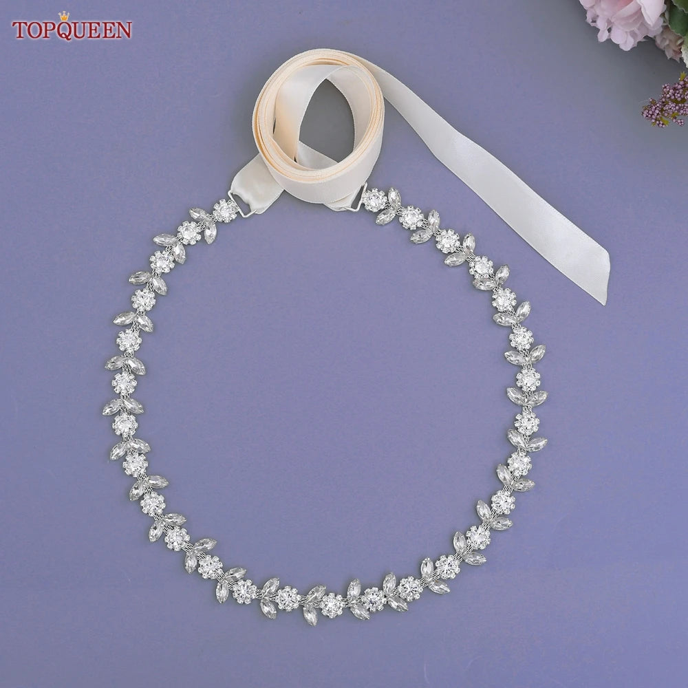 TOPQUEEN Rhinestone Belts for Bridal Dresses Silver Alloy Belt for Girls Cheap Diamond Wedding Belt Fancy Belt for Women S440