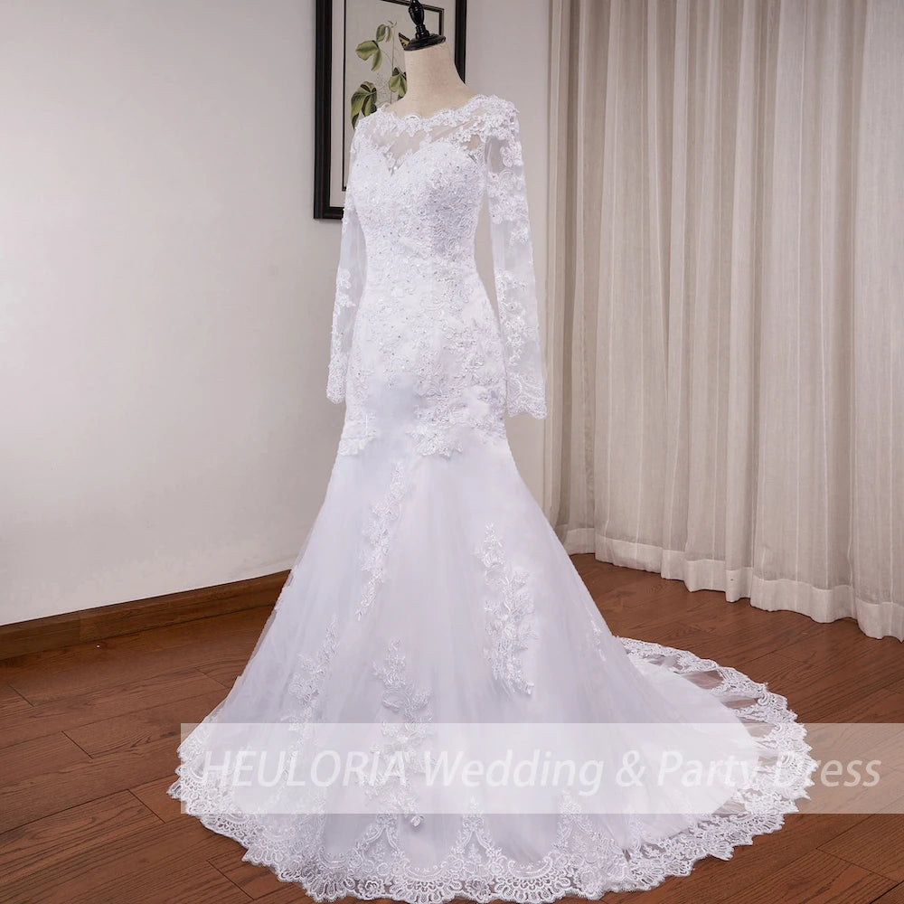 Mermaid Wedding Dresses Long Sleeve O Neck White Wedding Dress Lace Applique Beading Bride Dress Robe De Mariage Customize - My Store