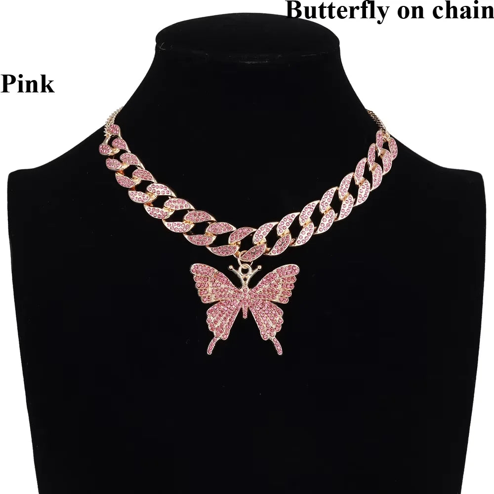 Pink Butterfly Necklace Chain  Jewelry Luxury Female Crystal Neck Pendants Women Rhinestones Jewellery Wholesale