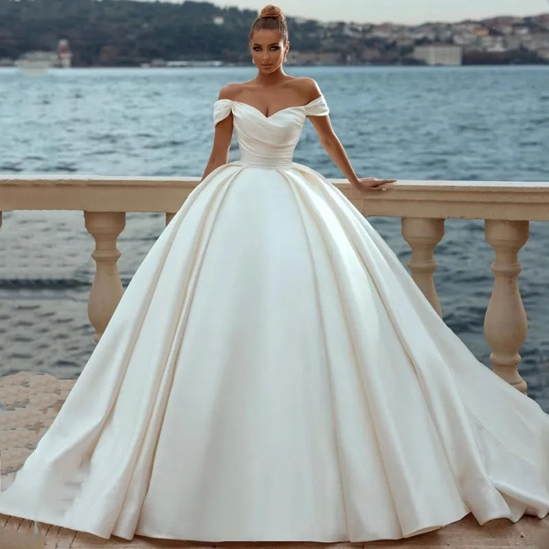 Flavinke Customized White Sweetheart Wedding Dresses 2025 Off Shoulder Sweep Train Bride Dress Lace Up Back Satin Wedding Gown - My Store