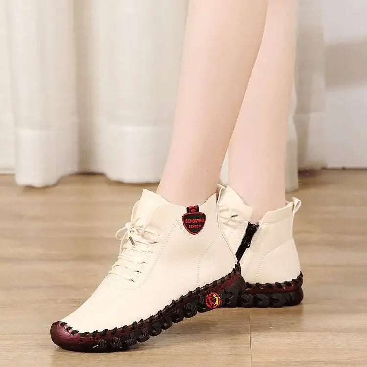 Women Shoes Autumn Loafers Lace Up Sneakers Casual Flats Solid Soft Bottom Boots Leather High-Top Sneaker Female Shoes2024