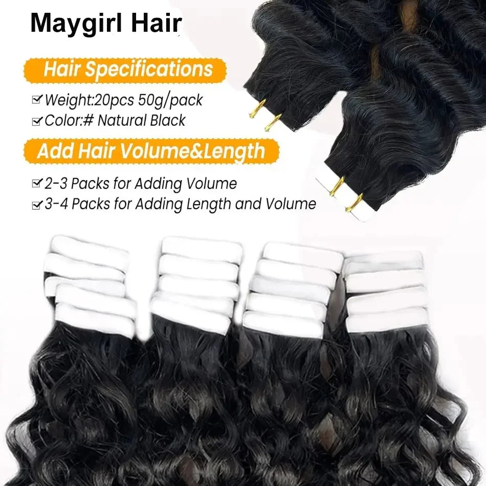 Deep Wave Tape in Extensions 100% Human Hair Deep Curly Tape on Hair Extensions Skin Weft Remy Natural Hair Extensions #1B