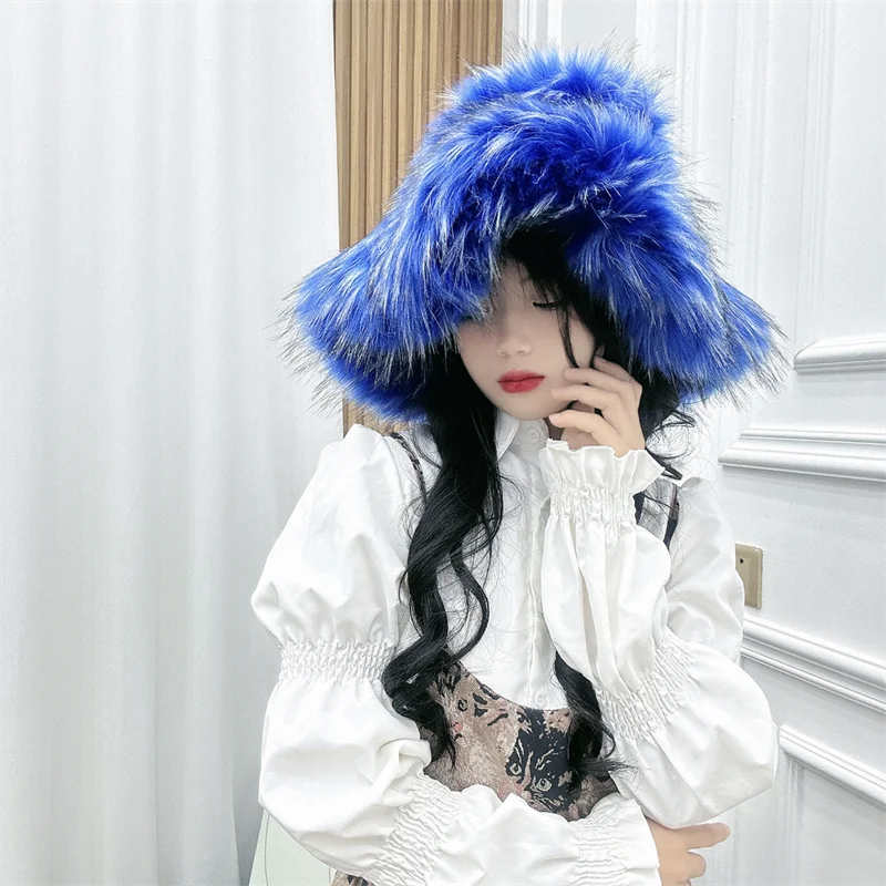 Winter Warm Plush Bucket Hat Women Oversize Earflaps Fluffy Faux Fur Hats Fashion Furry Raccoon Fur Cotton Hat Solid Color Hats
