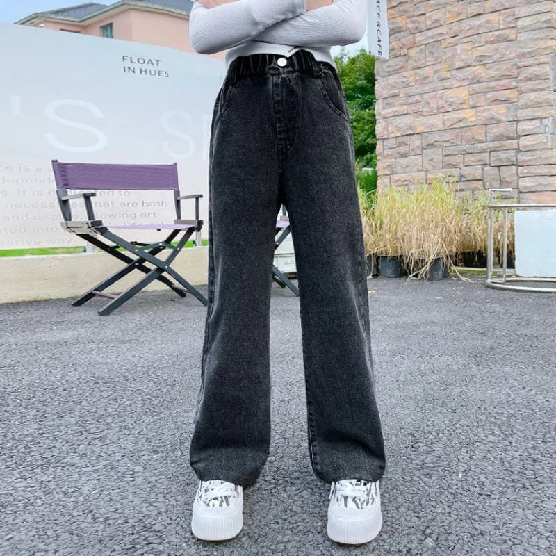 Jeans for Girls Kids Fashion Blue Wide Leg Pants 2025 Spring Autumn Children Korean Trousers Children's Clothing 6 8 10 12 14Yrs
