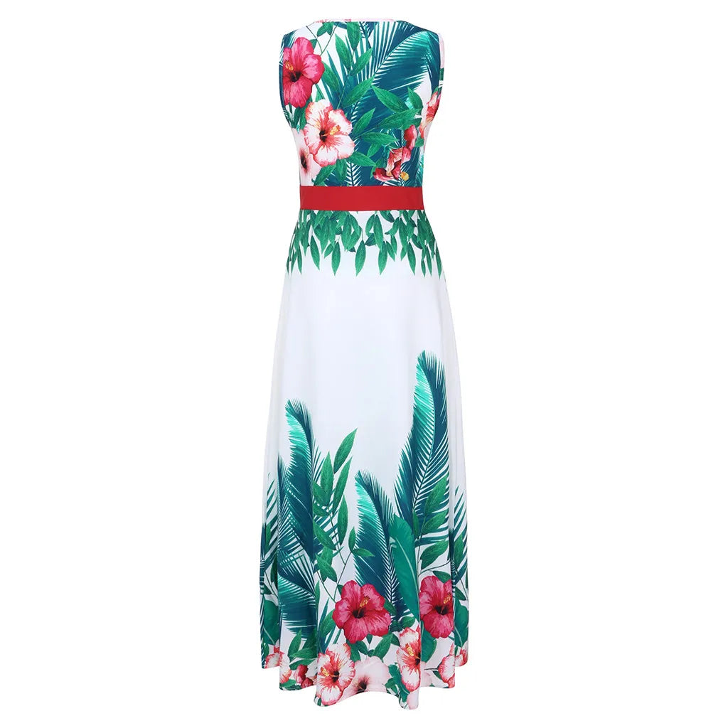 Summer Dresses Wedding Party Bridesmaid Deep v Neck Sleeveless Long Dresses High Collect Waist Bohemian Print Maxi Dress платье - My Store