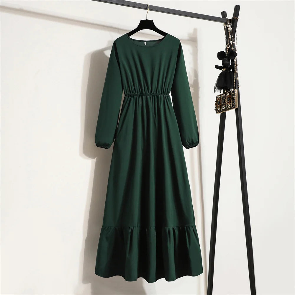 Women Long Dresses Spring Summer Full Sleeve O-Neck Casual Solid Chiffon Dress Muslim Dress Bohemian Maxi Dresses