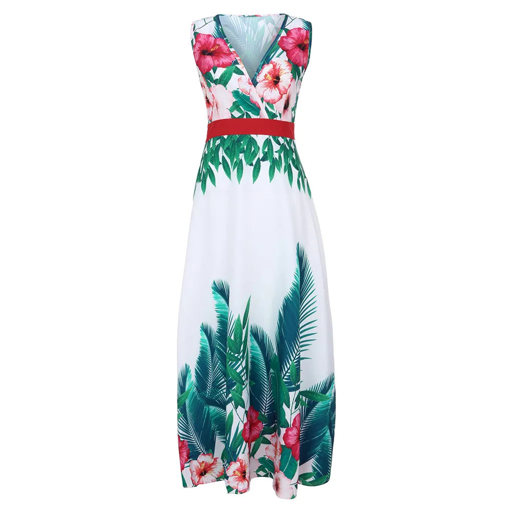 Summer Dresses Wedding Party Bridesmaid Deep v Neck Sleeveless Long Dresses High Collect Waist Bohemian Print Maxi Dress платье - My Store