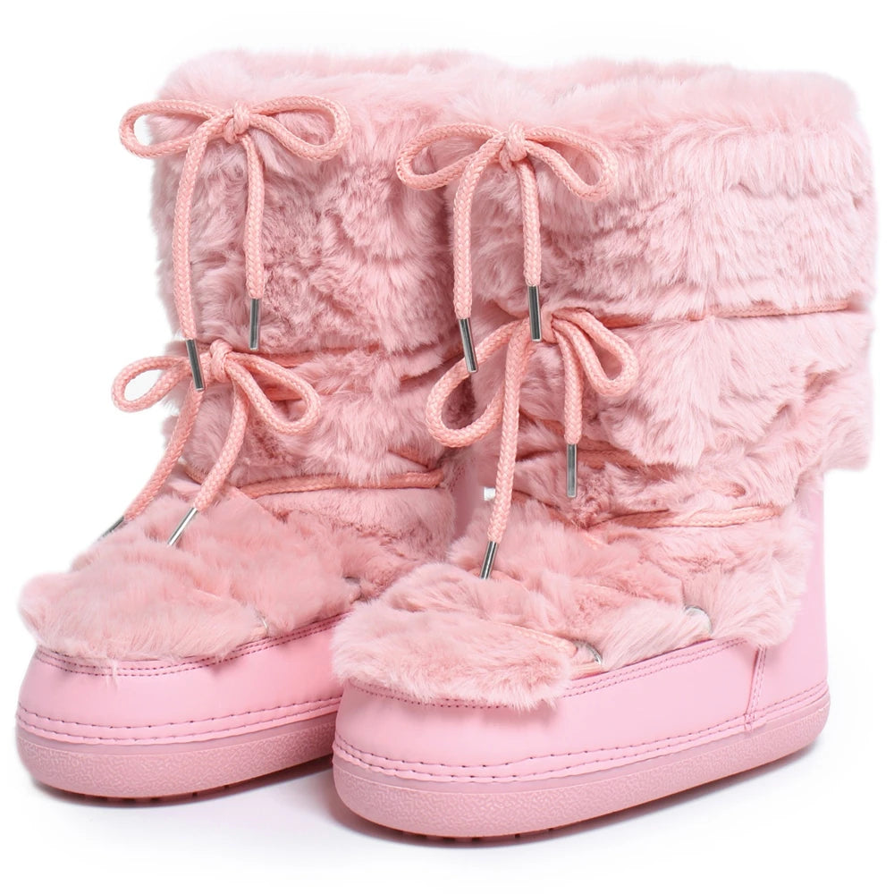 2025 Winter Boots Women Fur Boots Lace-Up Platform Snow Boots Brand Waterproof Non-Slip Warm Cotton Boots Leather Ski Boots