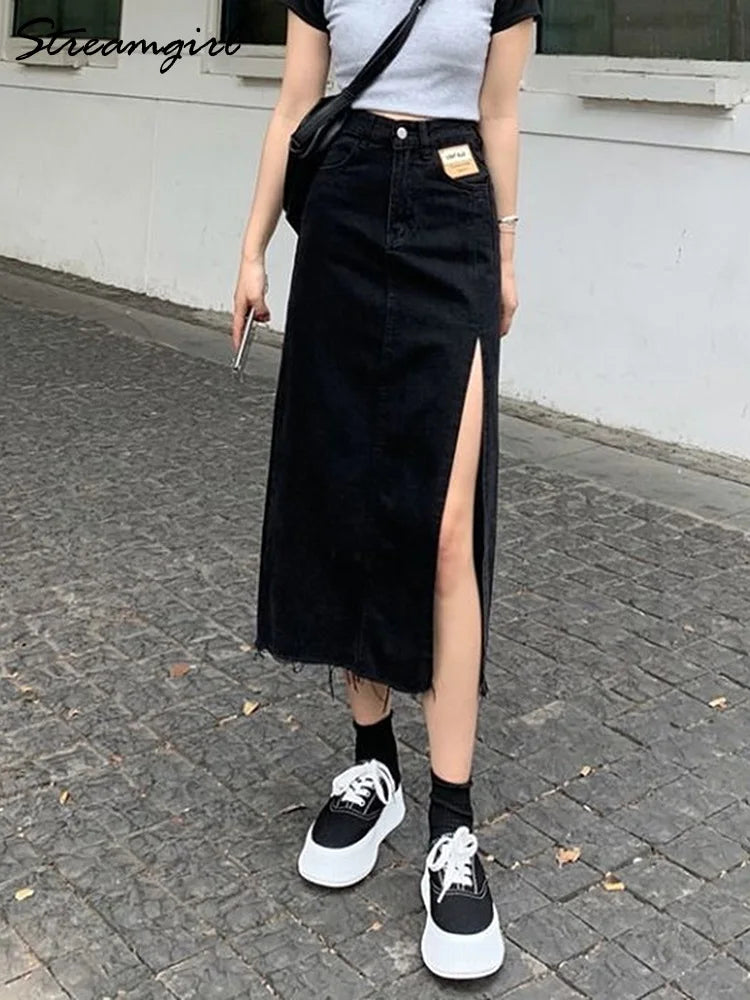 Streamgirl Maxi Jeans Skirt Women Denim Long Skirts Summer Vintage Maxi Skirt Side Split Denim Skirt Women Long Korean