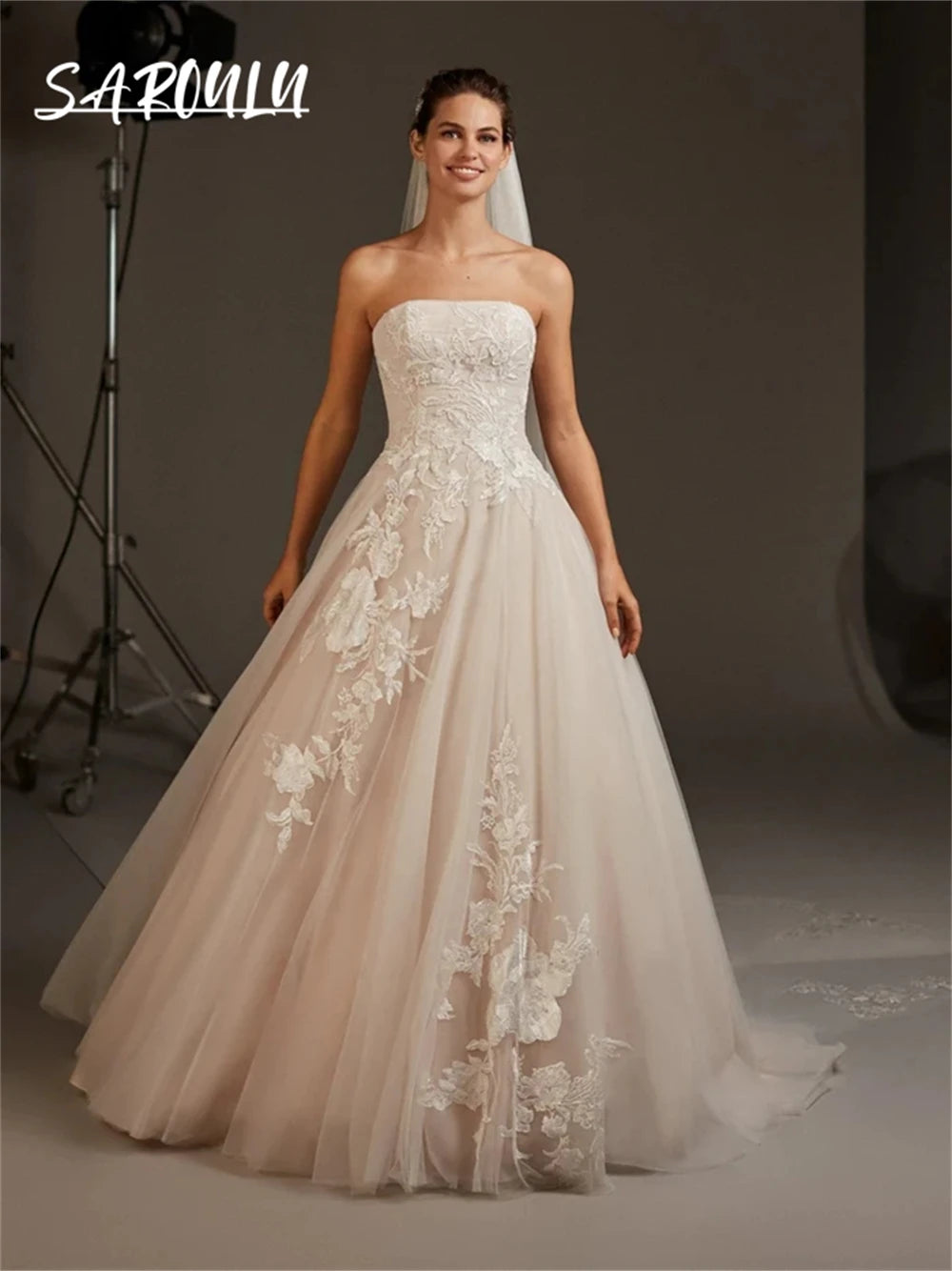 Light Champagne Lining Wedding Dress for Women 2024 Tulle With Lace Appliques Strapless Bride Dresses Robe De Mariee Bridal Gown - My Store